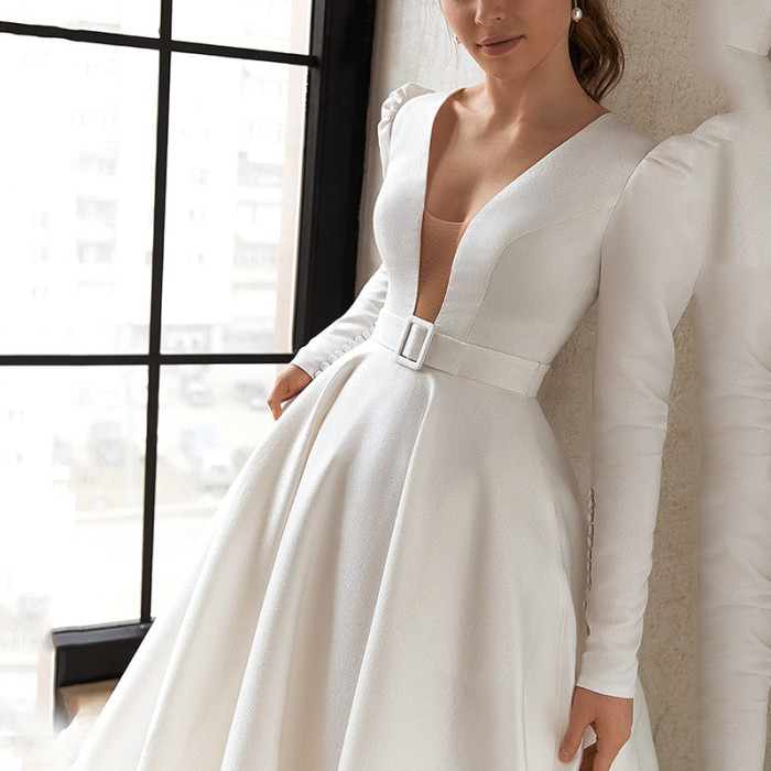 Elegant Slim Fashion Long Sleeve Solid Color Sexy Party  Wedding Guest Dress
