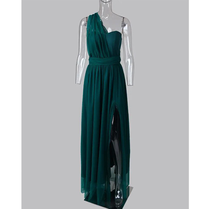 Fashion Solid Color One Shoulder Sexy Elegant Party  Wedding Guest Dress