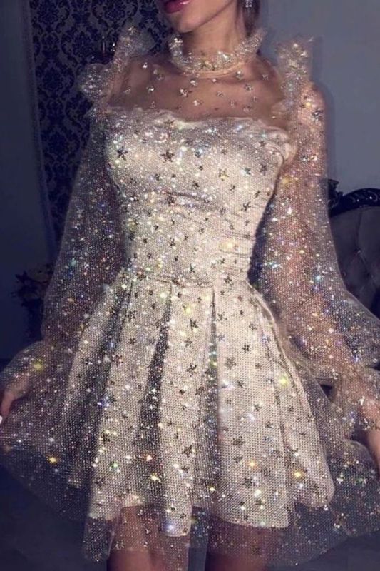 Fashion O-Neck Sequined Tulle High Waist Pleated Party Wedding Guest Dress