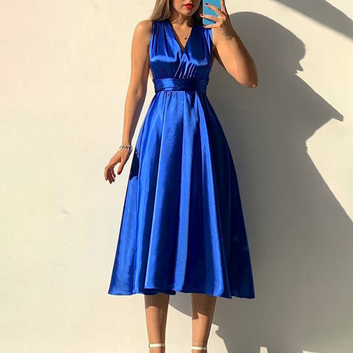 Sexy Backless Solid Color V Neck High Waist Slim Fashion A-Line Wedding Guest Dress
