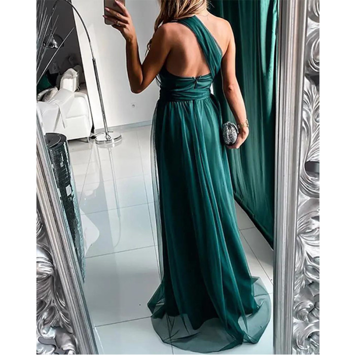 Fashion Solid Color One Shoulder Sexy Elegant Party  Wedding Guest Dress