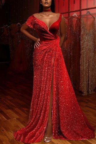 Fashion Sequins Elegant Solid Color Party Sexy Evening Party  Wedding Guest Dress