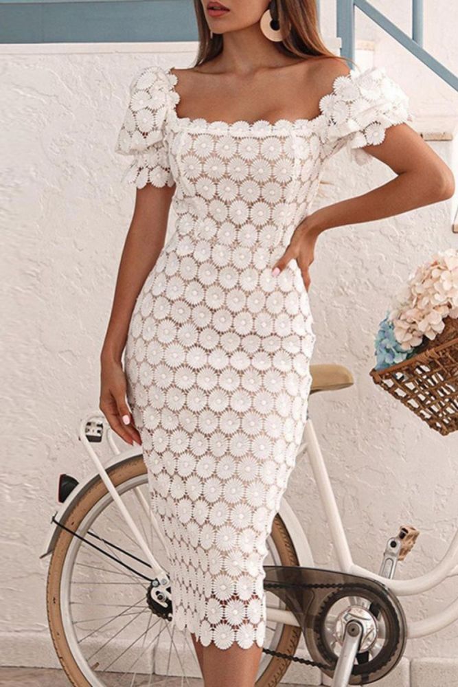 Fashion Hollow Slim Square Neck Elegant Solid Color Backless Bodycon Dress