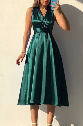 Sexy Backless Solid Color V Neck High Waist Slim Fashion A-Line Wedding Guest Dress