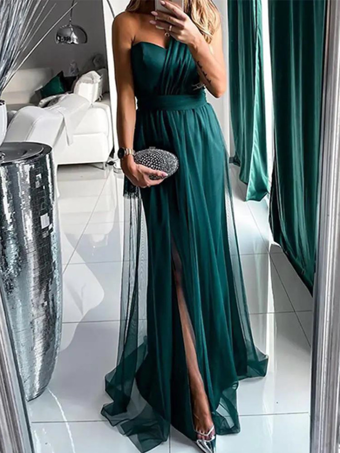 Fashion Solid Color One Shoulder Sexy Elegant Party  Wedding Guest Dress