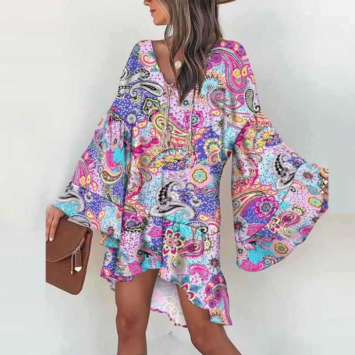 Chic Casual V Neck Vintage Boho Print Loose Fringe Mini Dress