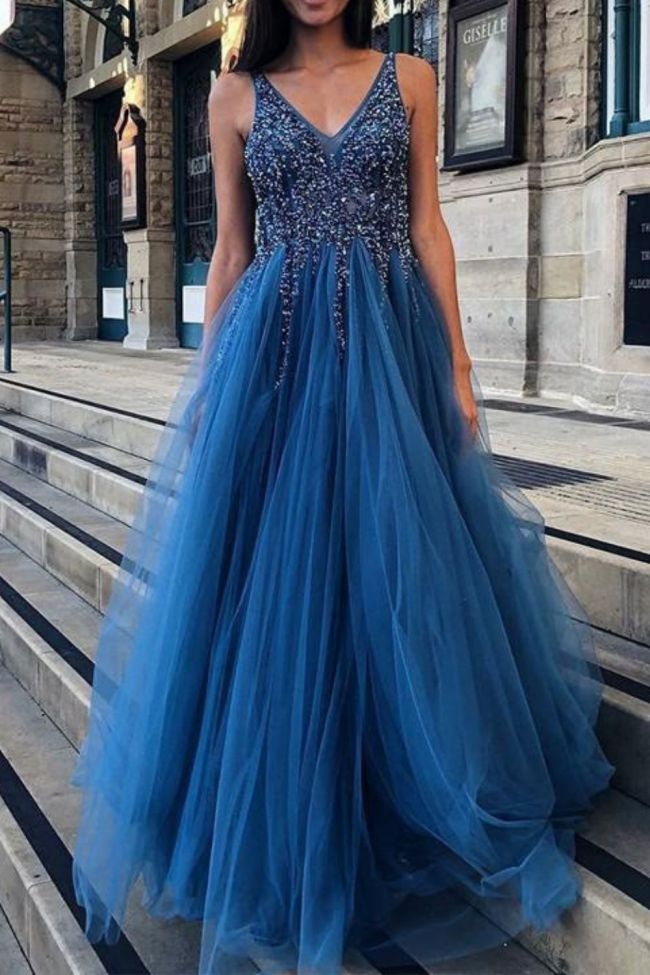 Sexy Women's Sequined Deep V Neck Open Back Tulle Ballerina Wedding Guest Dress