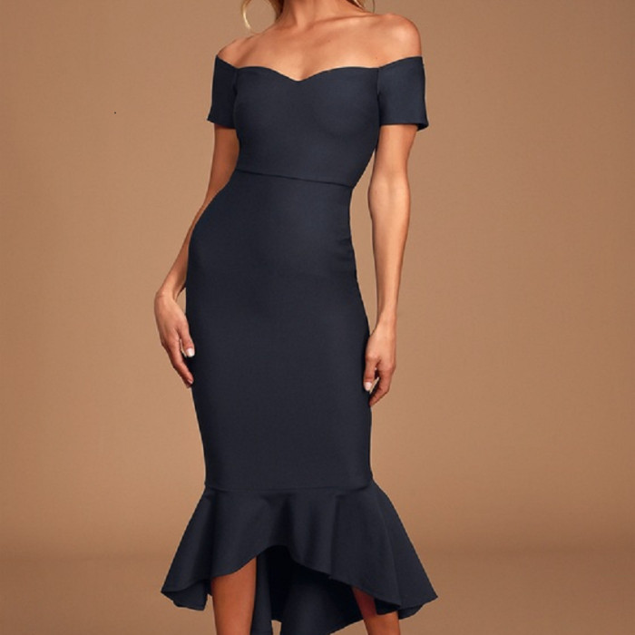 Women's Fashion Solid Color Off Shoulder Neck Sexy  Bodycon Dress