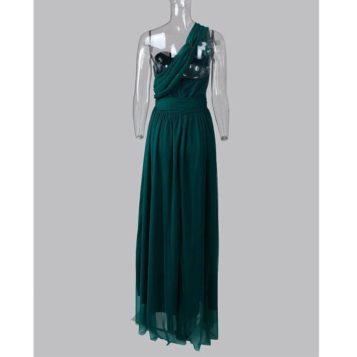 Fashion Solid Color One Shoulder Sexy Elegant Party  Wedding Guest Dress