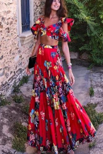 Women's Two Piece Floral Print Sexy Boho Beach Maxi Dress