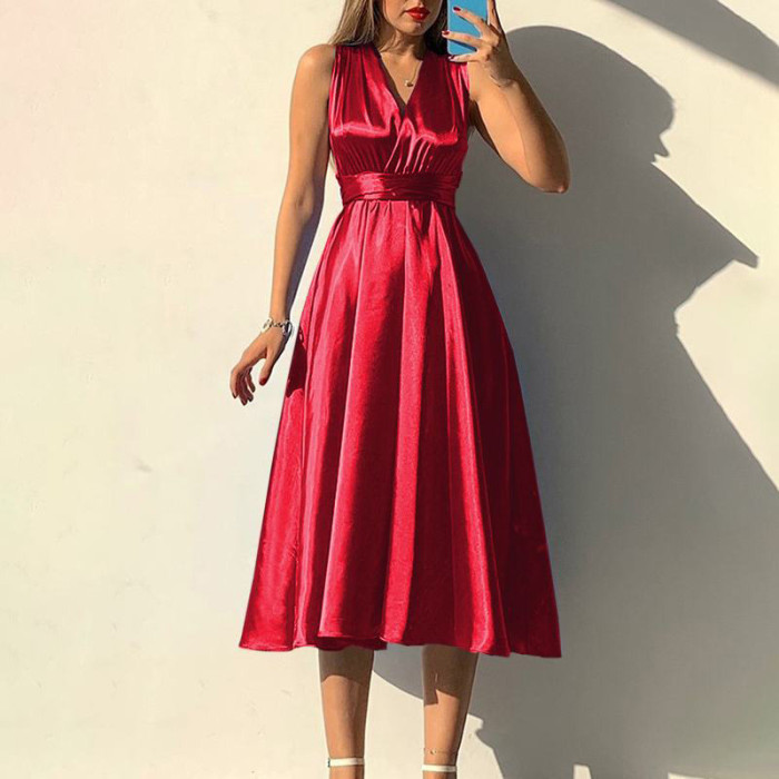 Sexy Backless Solid Color V Neck High Waist Slim Fashion A-Line Wedding Guest Dress