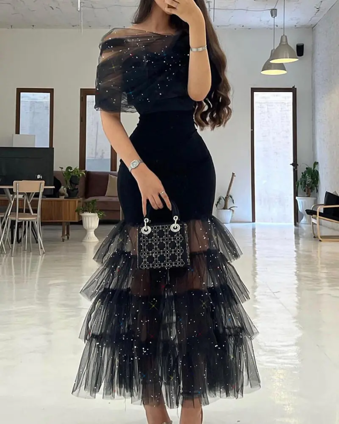 Summer Sexy Glitter Layered Sheer Mesh Party  Wedding Guest Dress