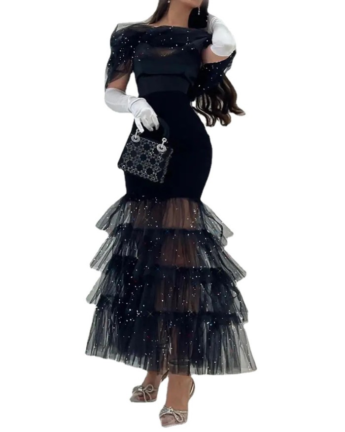Summer Sexy Glitter Layered Sheer Mesh Party  Wedding Guest Dress