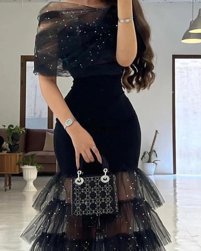 Summer Sexy Glitter Layered Sheer Mesh Party  Wedding Guest Dress
