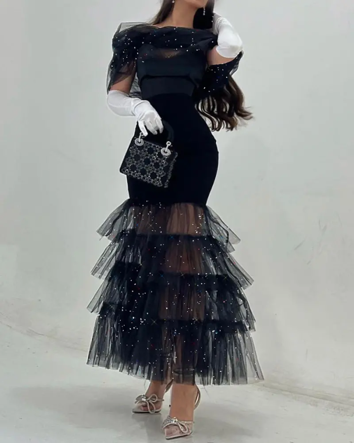 Summer Sexy Glitter Layered Sheer Mesh Party  Wedding Guest Dress
