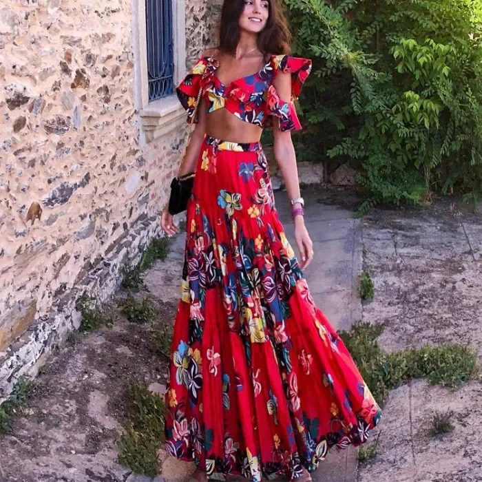 Women's Two Piece Floral Print Sexy Boho Beach Maxi Dress