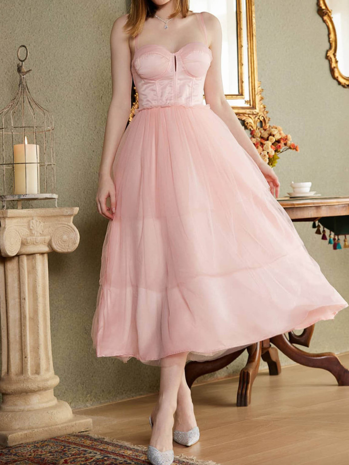 Trendy Lace Mesh Solid Color Bohemian Party Sleeveless Wedding Guest Dress