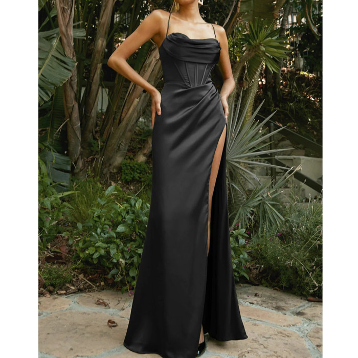 Women Solid Color Sexy Slit Off Shoulder Wedding Party Prom Dress