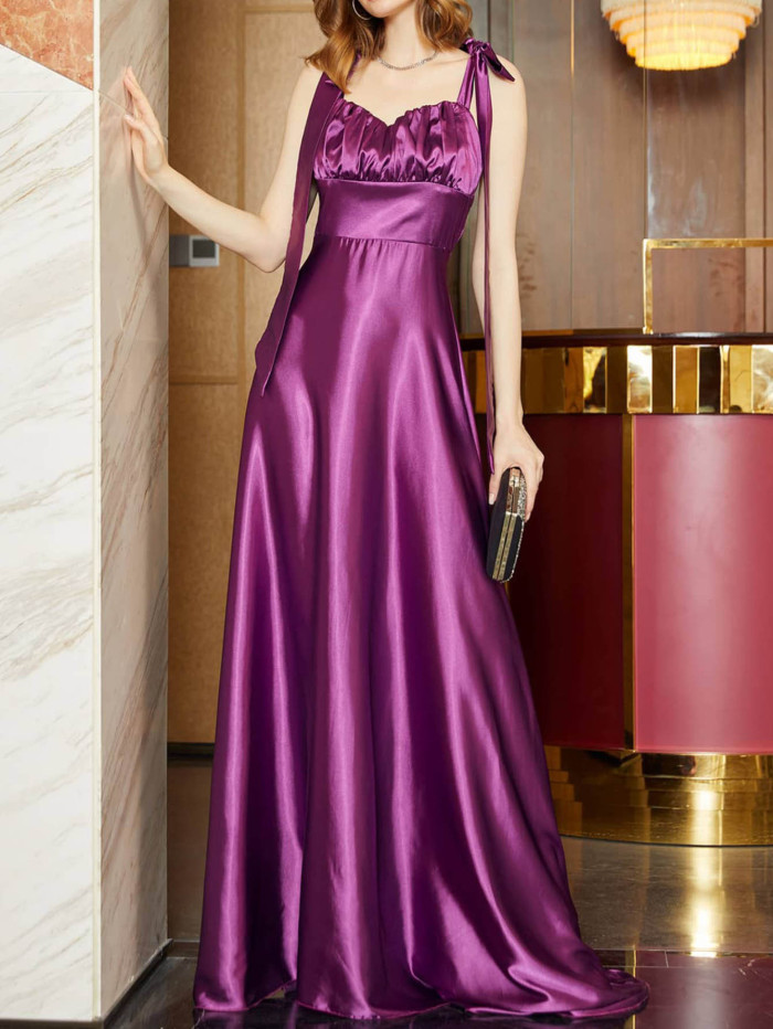 Fashion Solid Color Sexy Shiny Satin Elegant Party  Wedding Guest Dress