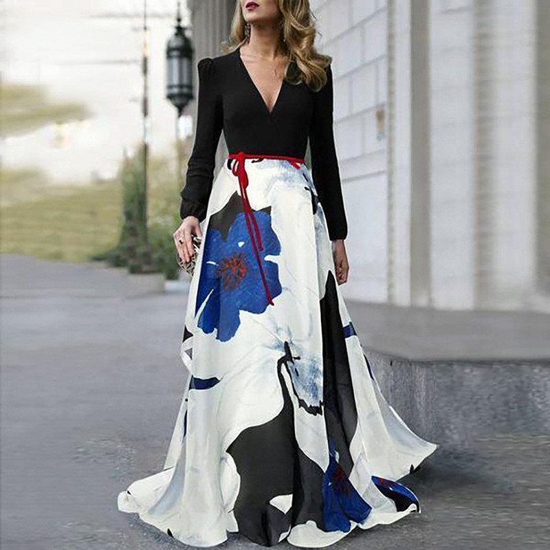 Women's Fashion Sexy Casual Loose Long Sleeve V Neck Swing  Maxi Dress