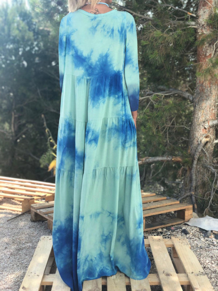 Loose Casual Stand Collar Long Sleeve High Waist Colorblock Print Maxi Dress