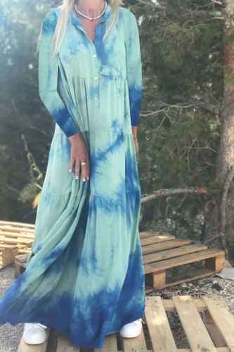 Loose Casual Stand Collar Long Sleeve High Waist Colorblock Print Maxi Dress