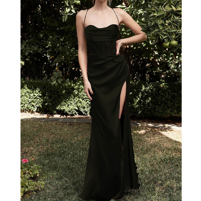 Women Solid Color Sexy Slit Off Shoulder Wedding Party Prom Dress