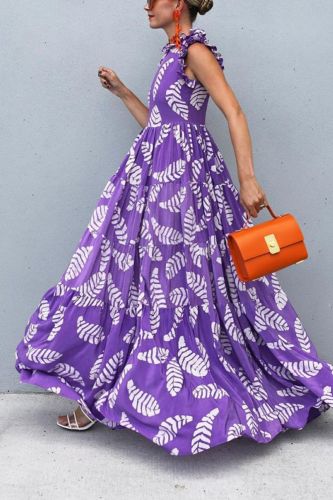 Summer Fashion Print Sleeveless Waist Swing Sling Sexy  Maxi Dress