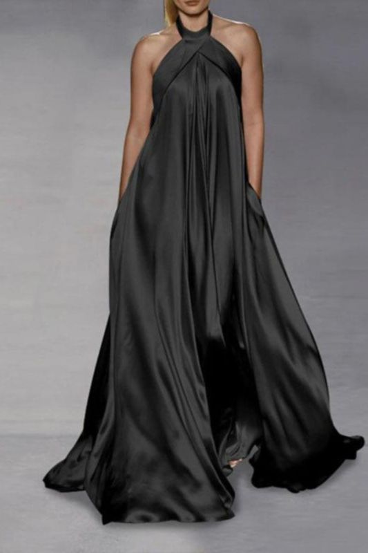 Temperament Swing Sleeveless Hanging Collar Hollow Out Loose Fashion Solid  Maxi Dress