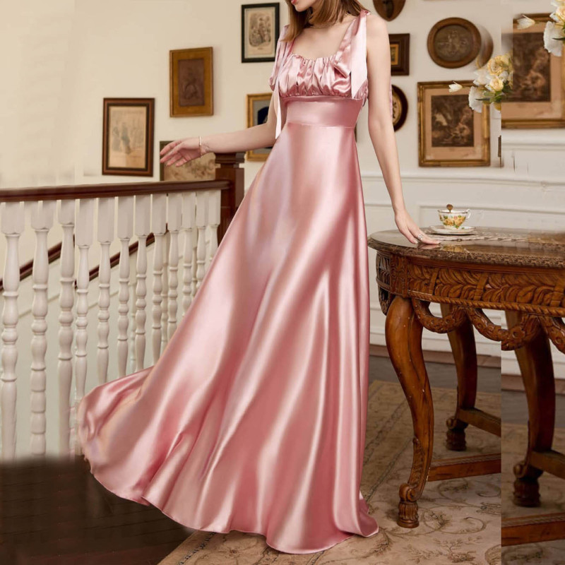 Fashion Solid Color Sexy Shiny Satin Elegant Party  Wedding Guest Dress