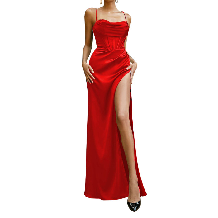 Women Solid Color Sexy Slit Off Shoulder Wedding Party Prom Dress