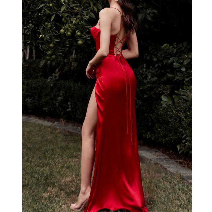 Women Solid Color Sexy Slit Off Shoulder Wedding Party Prom Dress