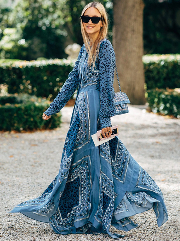 Women's Printed Elegant Fashion V Neck High Waist  Maxi Dress