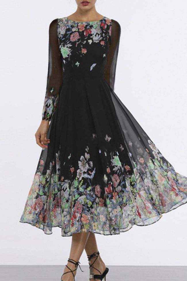 Women's Fashion Gradient Print Long Sleeve Loose A-Line Elegant Casual Dress