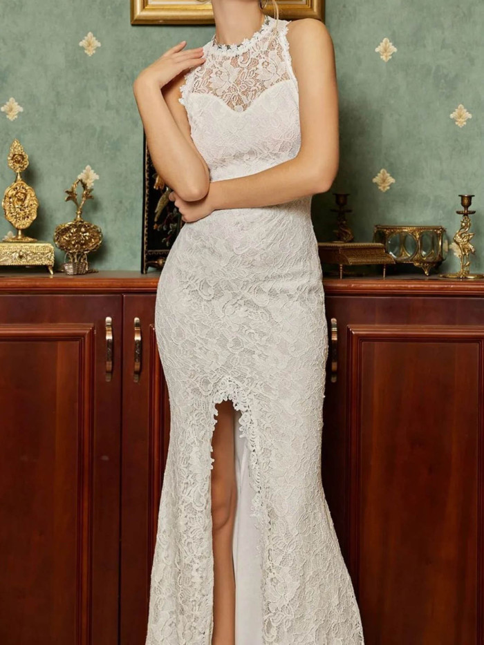 Women's Party Sleeveless White Lace Sexy Slit Backless  Wedding Guest Dress