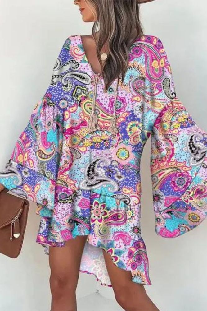 Chic Casual V Neck Vintage Boho Print Loose Fringe Mini Dress