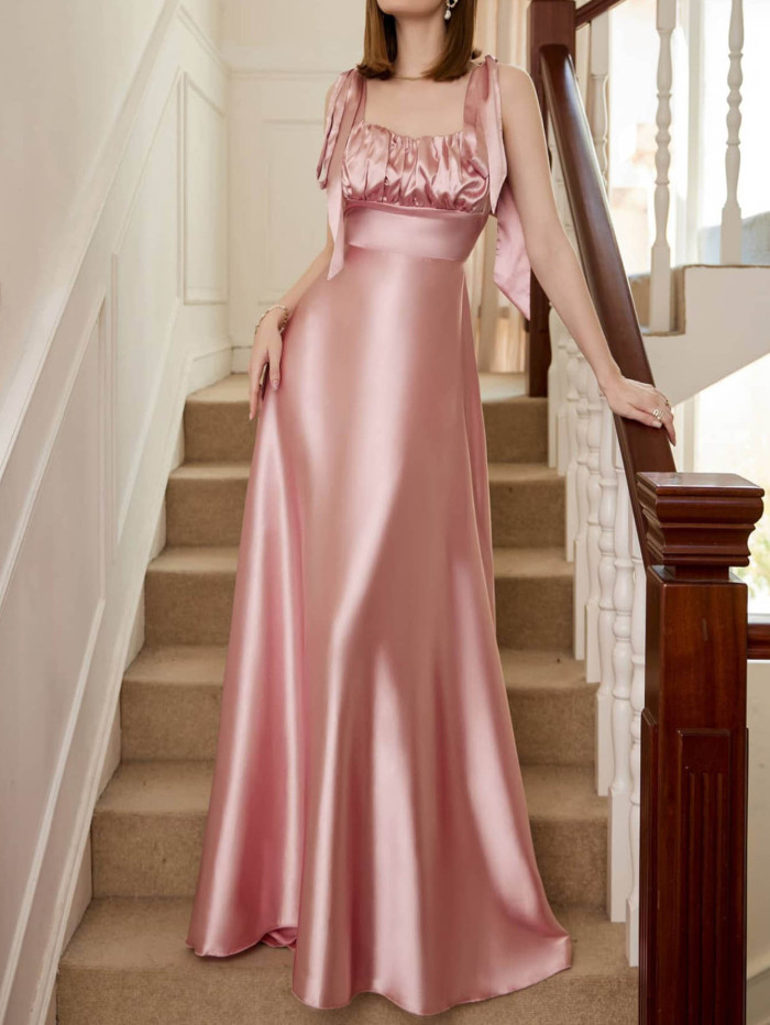 Fashion Solid Color Sexy Shiny Satin Elegant Party  Wedding Guest Dress