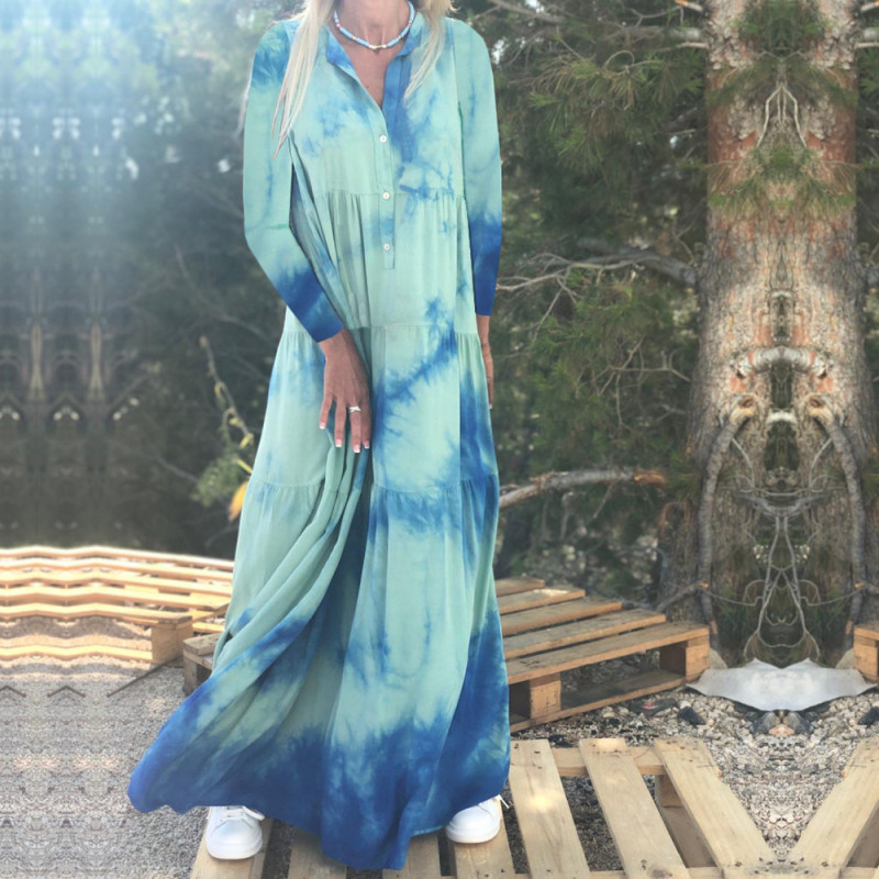 Loose Casual Stand Collar Long Sleeve High Waist Colorblock Print Maxi Dress
