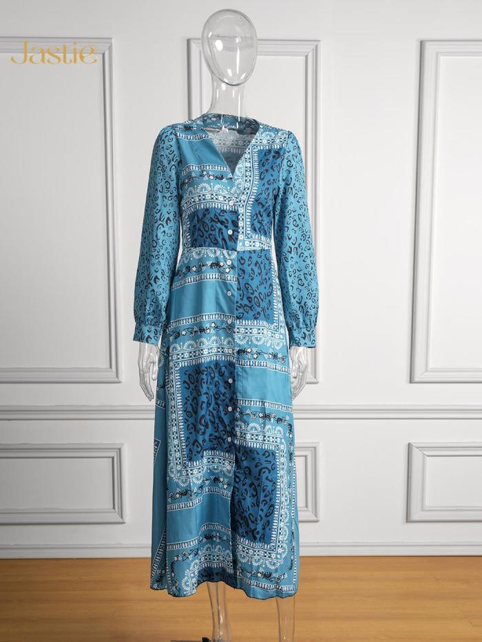 Women's Printed Elegant Fashion V Neck High Waist  Maxi Dress