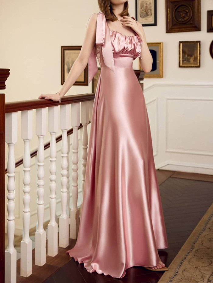 Fashion Solid Color Sexy Shiny Satin Elegant Party  Wedding Guest Dress