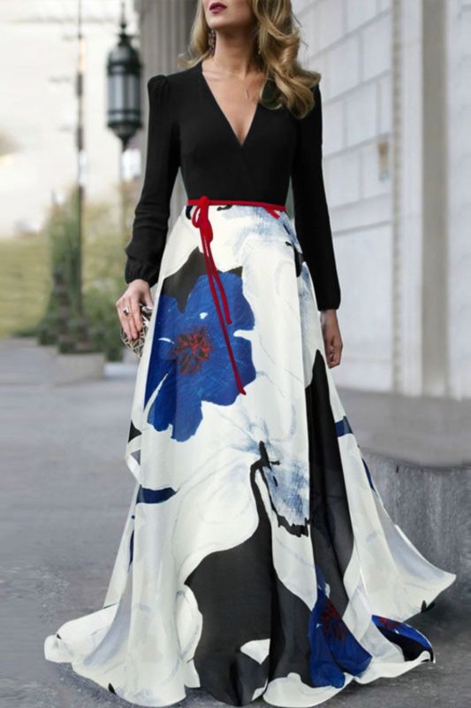 Women's Fashion Sexy Casual Loose Long Sleeve V Neck Swing  Maxi Dress