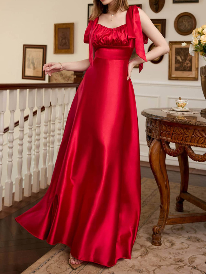 Fashion Solid Color Sexy Shiny Satin Elegant Party  Wedding Guest Dress