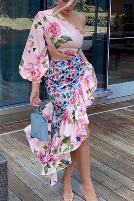 Summer Slanted Shoulder Floral Sexy High Waist Asymmetrical  Maxi Dress