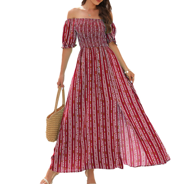 Summer Barrel Neck Elegant Slit Pleated Casual Loose Office  Wedding Guest Dress