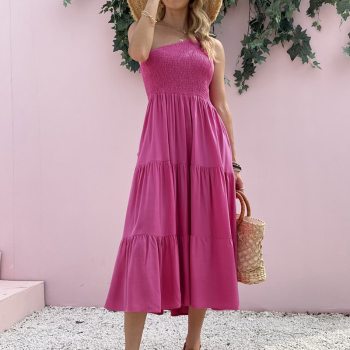 Women's Boho Sexy Elegant One Shoulder Party Pocket Pleated  Maxi Dress