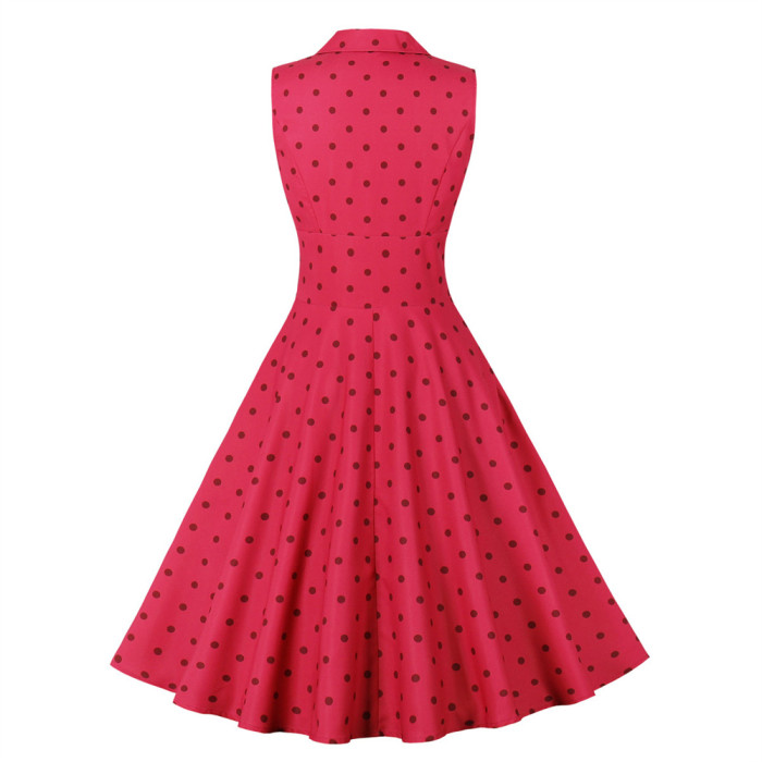 Sleeveless Vintage Elegant Swing Polka Dot Print '50s Mid Length Wedding Guest Dress