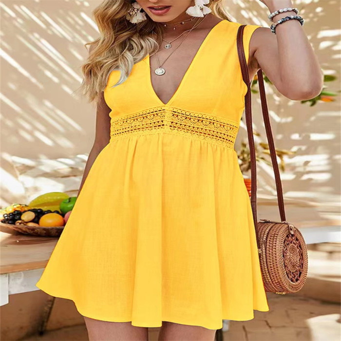 Fashion Bohemian V-neck Lace Sleeveless Hollow  Casual Dress