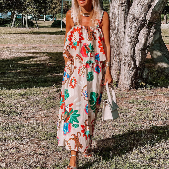 Bohemian Print Beach Fashion Sleeveless Casual Square Neck  Maxi Dress
