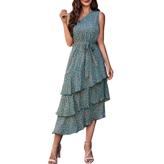 Women's Casual One Shoulder Bohemian Loose Tie Irregular Beach  Maxi Dress
