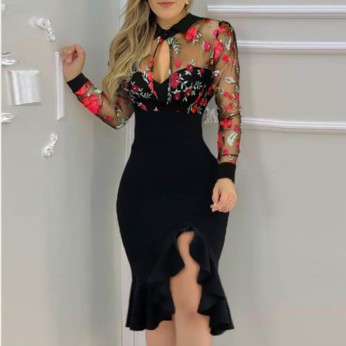 Sexy Elegant Slit Ruffle Hem Floral Fit Lace Long Sleeve  Bodycon Dress